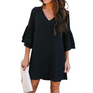 Black V-Neck Dress with Ruffle Sleeves short solid black